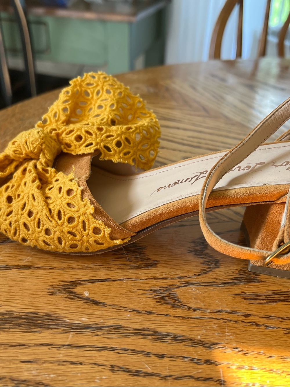 For Love of Lemons Women's Yellow Eyelet Bow Block Heel Sandals